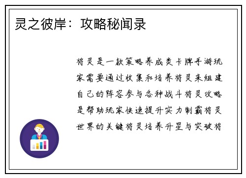 灵之彼岸：攻略秘闻录